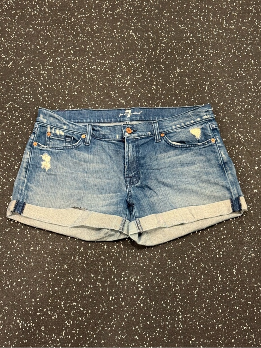 7 For All Mankind Blue Distressed Roll-Cuff Denim Shorts
